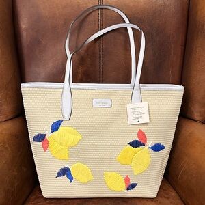 Kate Spade Ash Straw Lemon Zest Large Tote with Lemon and Leaf Embroidery